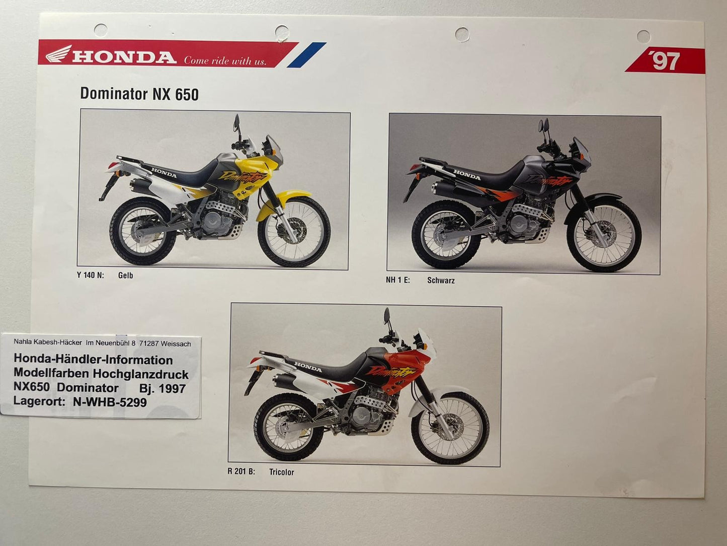 NX650 NX 650 Dominator Baujahr 1997 - Honda Original Farbchart Prospekt