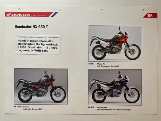 NX650 NX 650 Dominator Baujahr 1996 - Honda Original Farbchart Prospekt