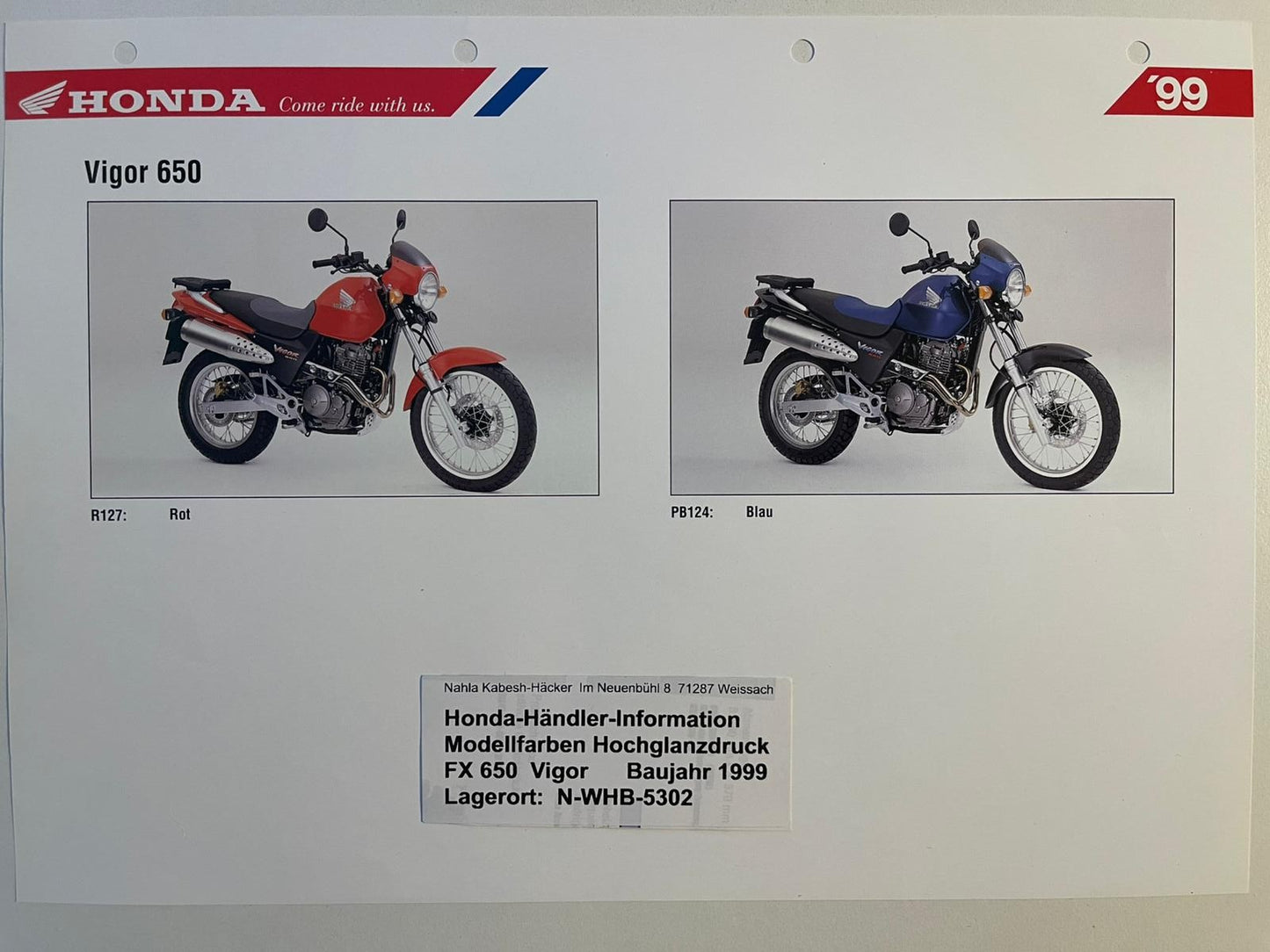 FX650 FX 650 Vigor Baujahr 1999 - Honda Original Farbchart Prospekt