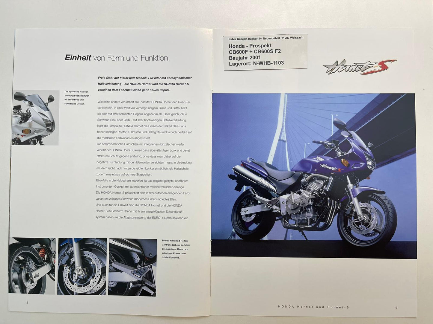 Prospekt Honda CB600F + CB600S Hornet Bj. 2001 + Aufkleber neu