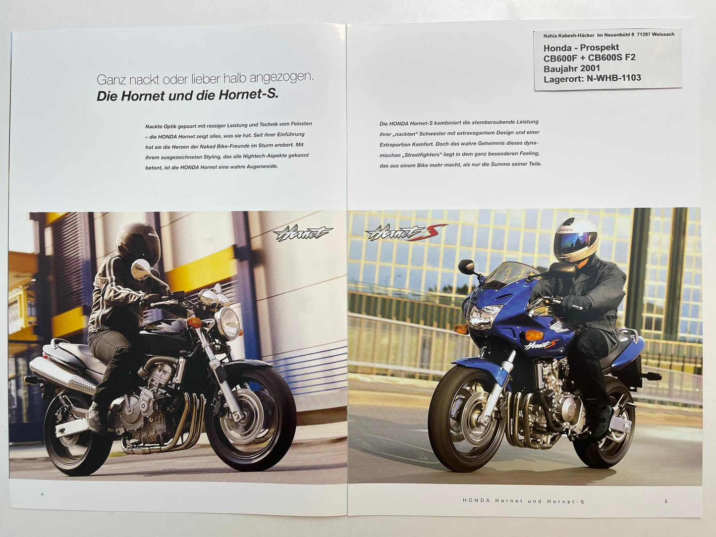 Prospekt Honda CB600F + CB600S Hornet Bj. 2001 + Aufkleber neu