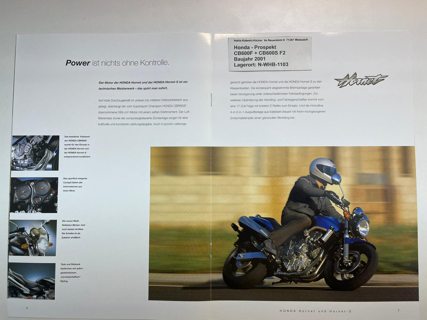 Prospekt Honda CB600F + CB600S Hornet Bj. 2001 + Aufkleber neu