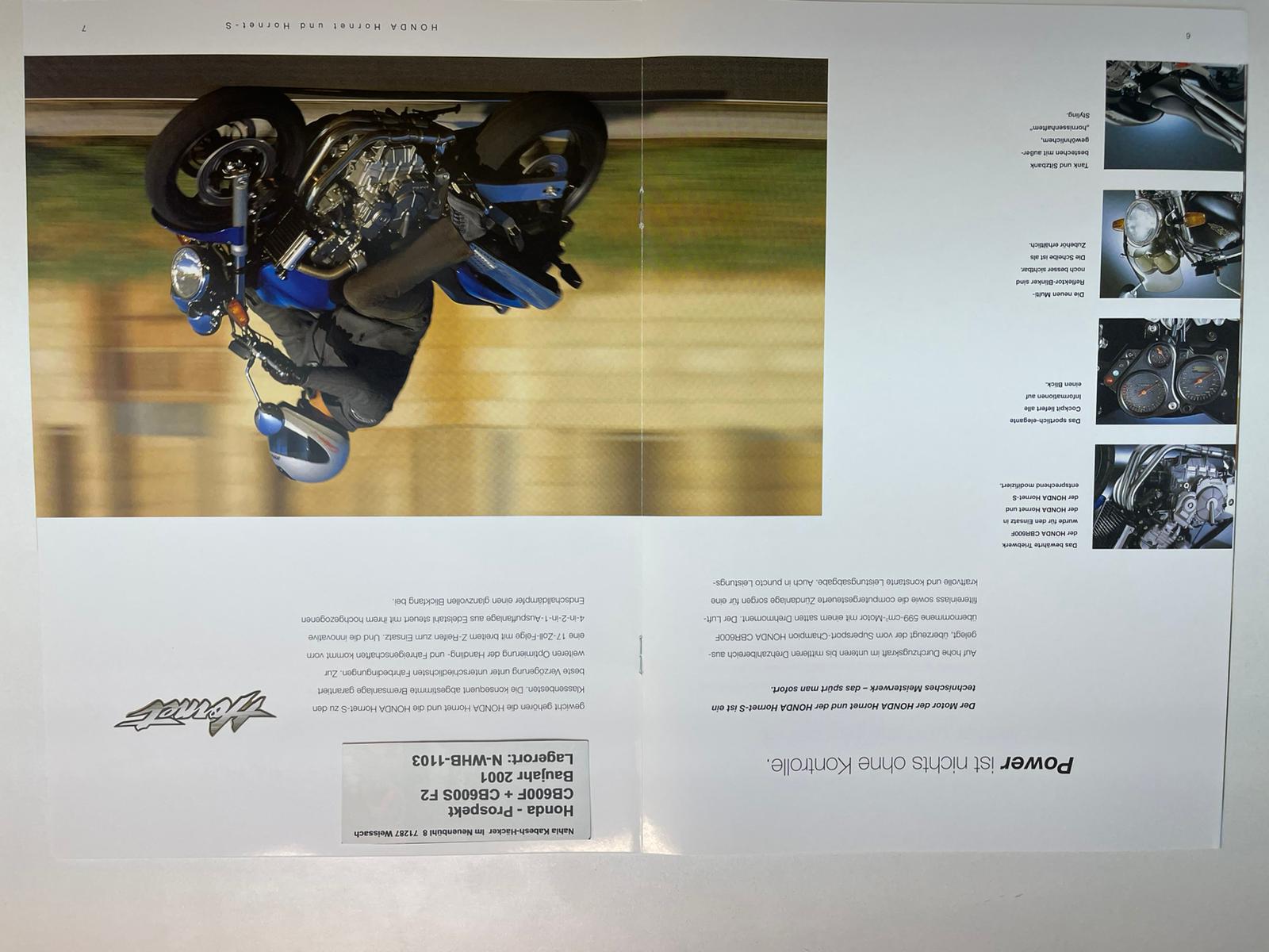 Prospekt Honda CB600F + CB600S Hornet Bj. 2001 + Aufkleber neu