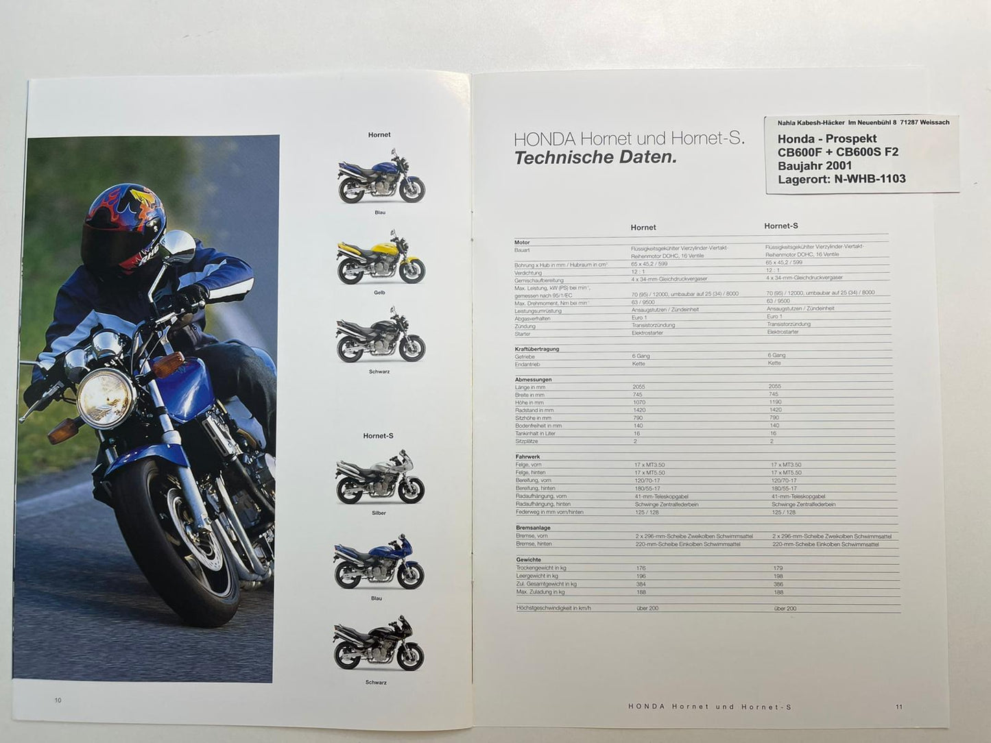 Prospekt Honda CB600F + CB600S Hornet Bj. 2001 + Aufkleber neu