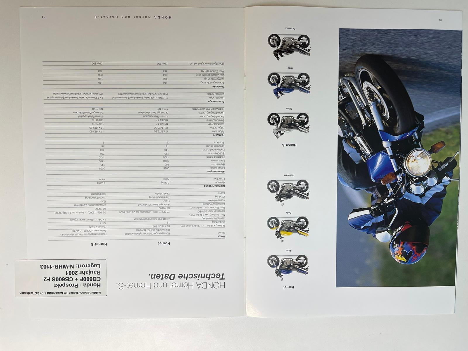 Prospekt Honda CB600F + CB600S Hornet Bj. 2001 + Aufkleber neu