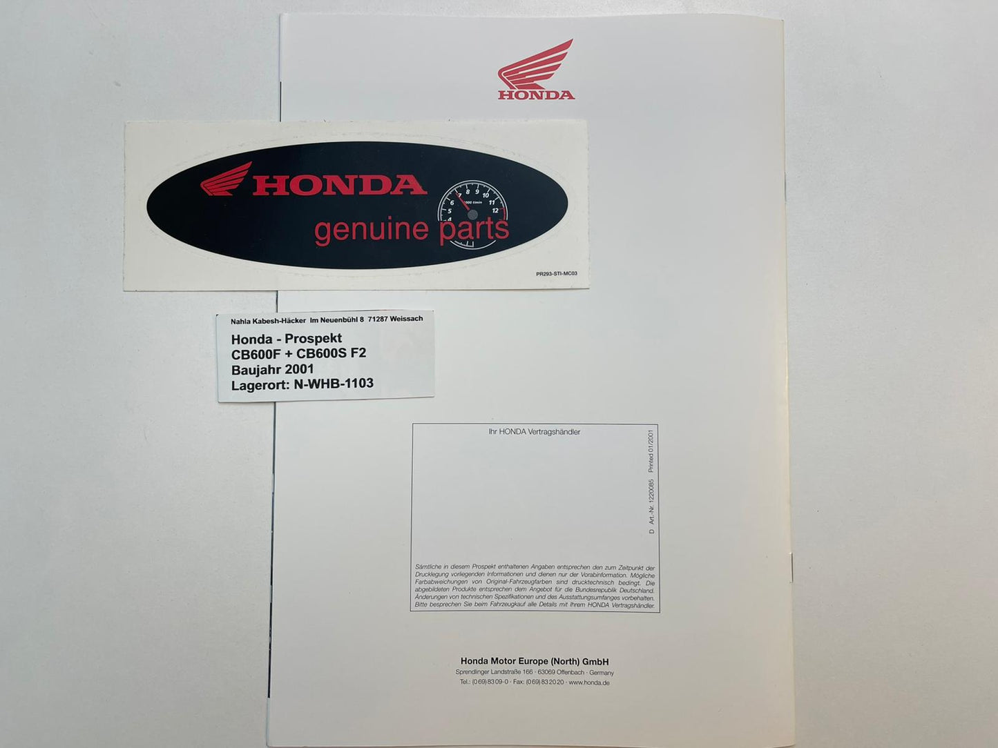 Prospekt Honda CB600F + CB600S Hornet Bj. 2001 + Aufkleber neu