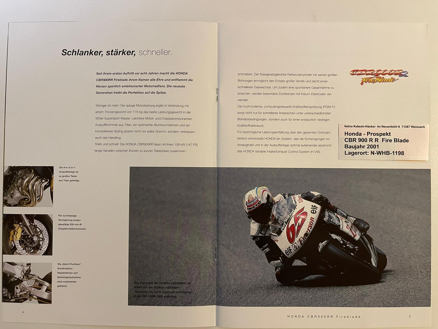 Prospekt Honda CBR900RR Fie Blade Bj. 2001 + Aufkleber