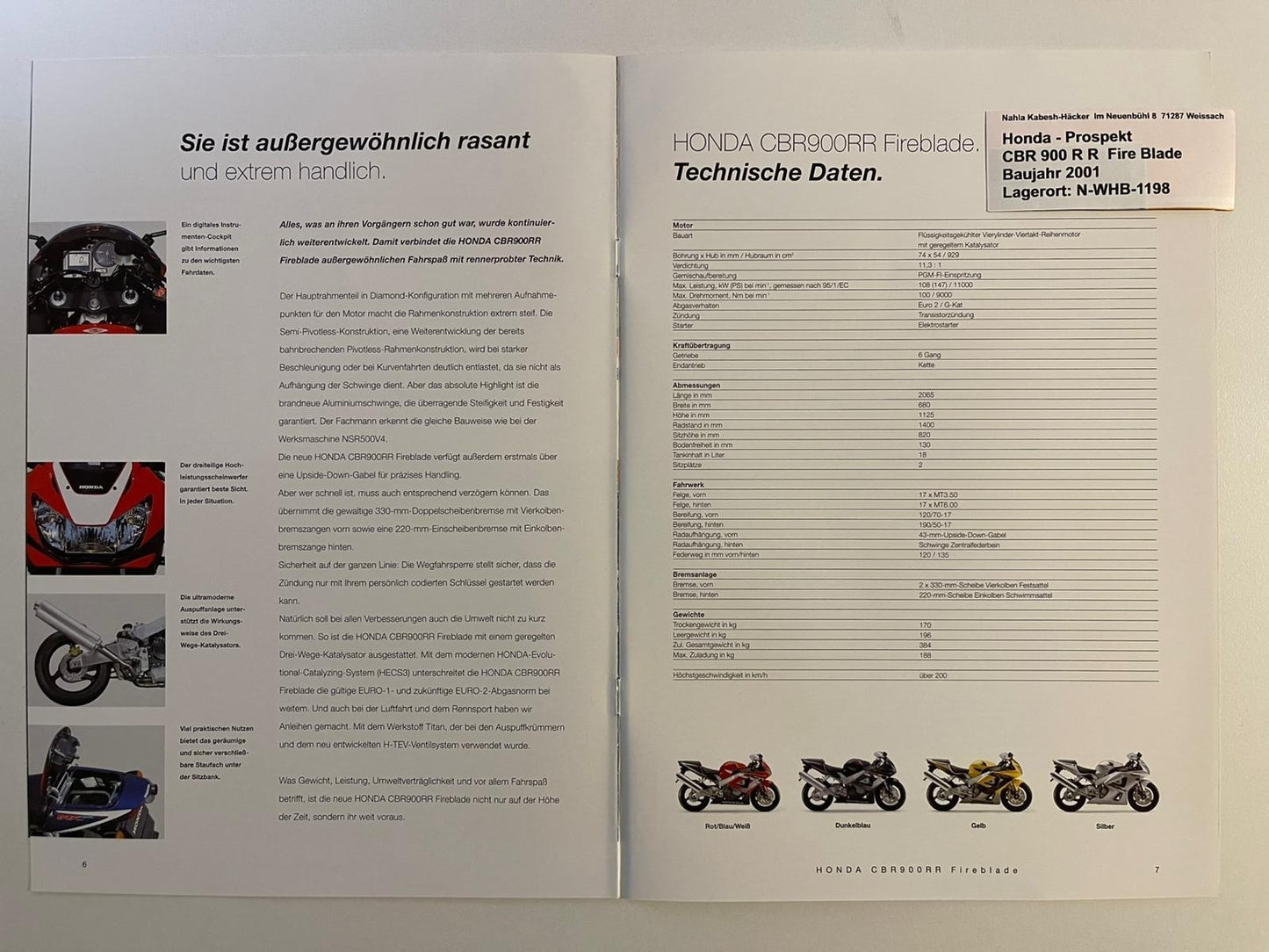 Prospekt Honda CBR900RR Fie Blade Bj. 2001 + Aufkleber