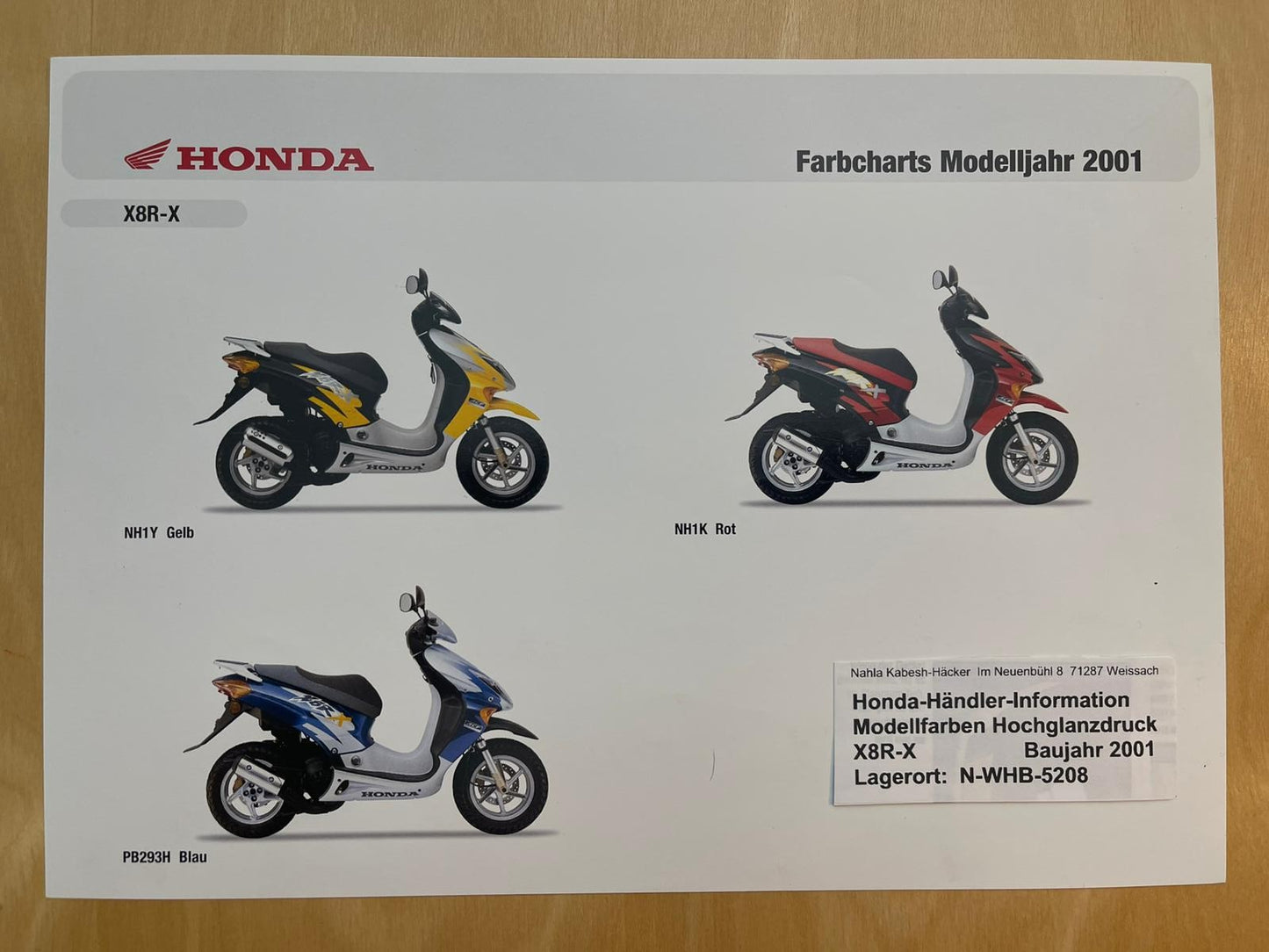 SZX50 SZX 50 X8R - X Baujahr 2001 - Honda Original Farbchart Prospekt