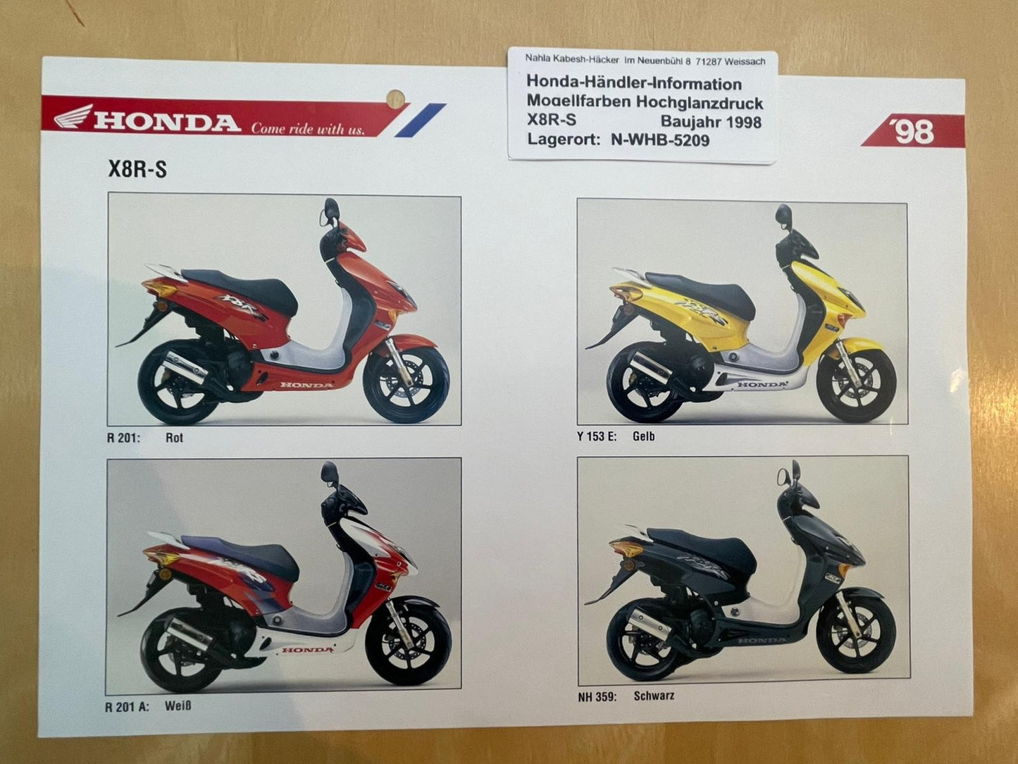 SZX50 SZX 50 X8R - X Baujahr 1998 - Honda Original Farbchart Prospekt