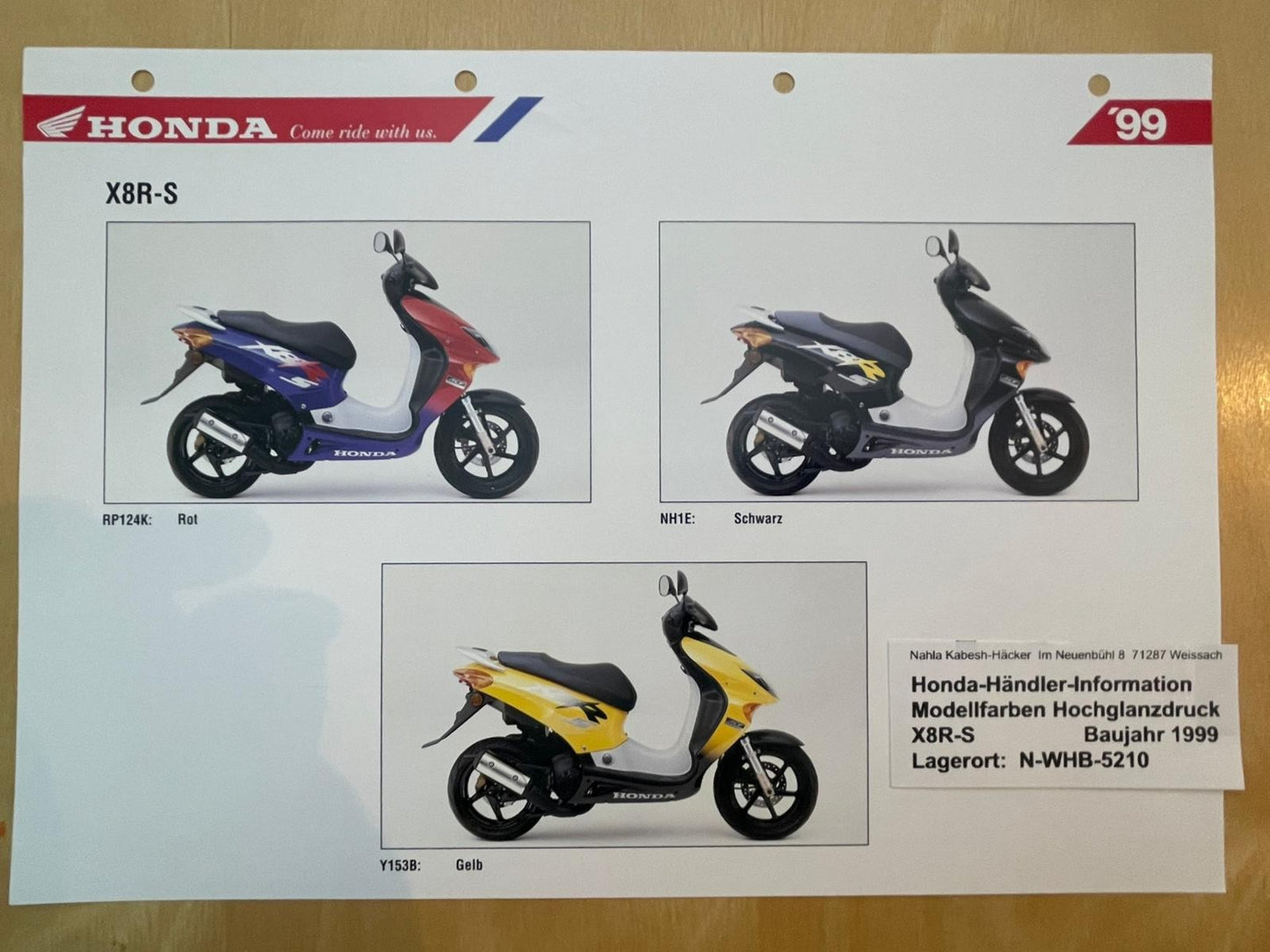 SZX50 SZX 50 X8R - S Baujahr 1999 - Honda Original Farbchart Prospekt
