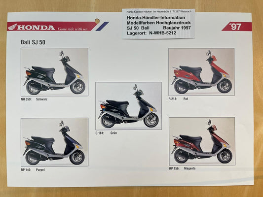 SJ50 SJ 50 BALI Baujahr 1997 - Honda Original Farbchart Prospekt