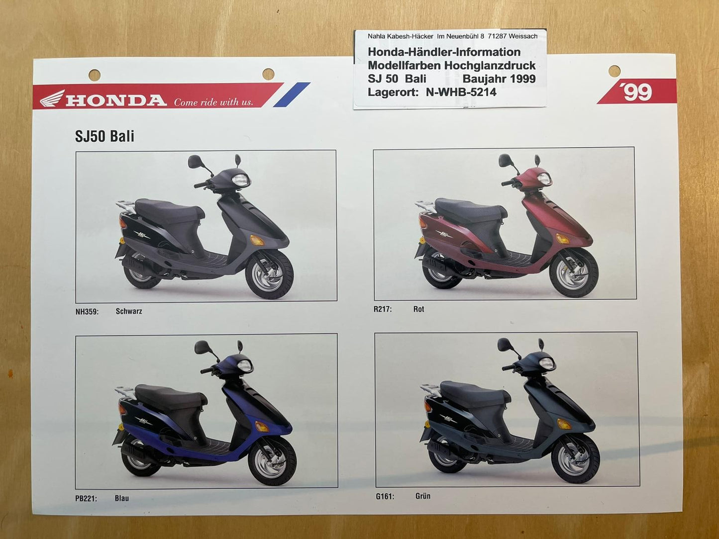 SJ50 SJ 50 Bali Baujahr 1999 - Honda Original Farbchart Prospekt