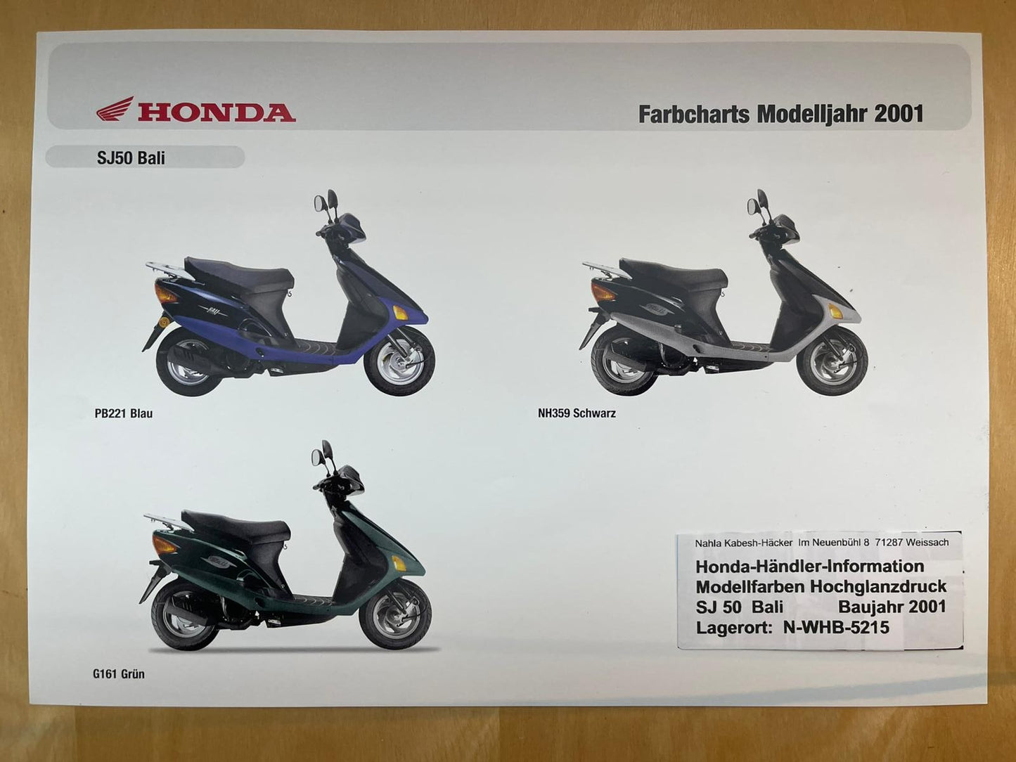 SJ50 SJ 50 Bali Baujahr 2001 - Honda Original Farbchart Prospekt
