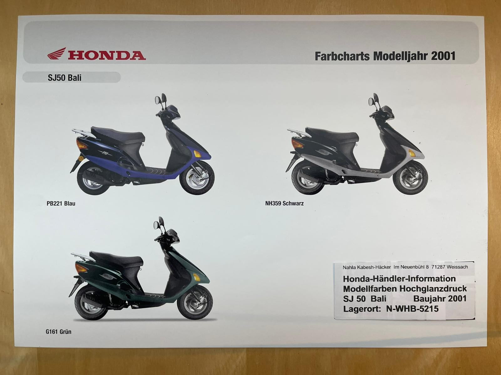 SJ50 SJ 50 Bali Baujahr 2001 - Honda Original Farbchart Prospekt