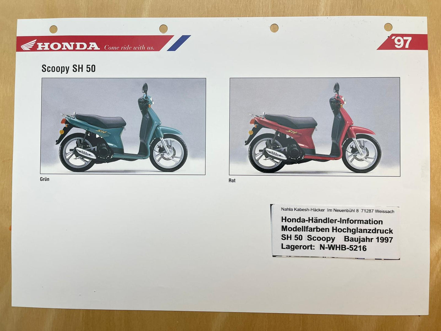 SH50 SH 50 Scoopy Baujahr 1997 - Honda Original Farbchart Prospekt