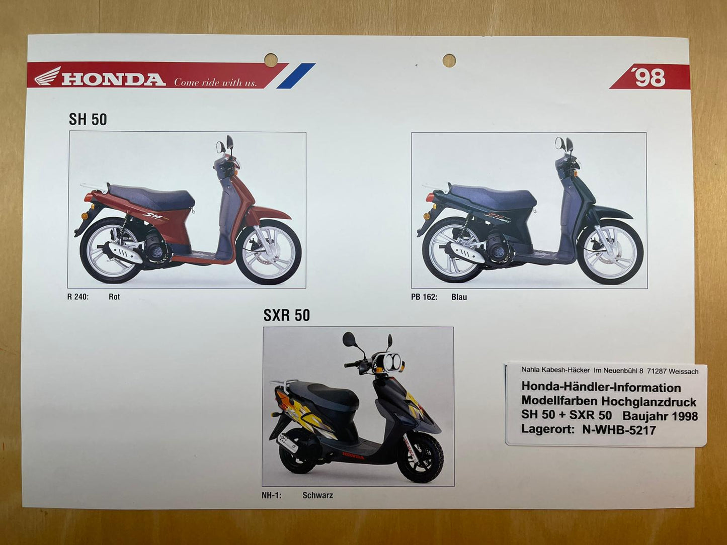 SH50 SH 50 Scoopy SRX50 SRX 50 Bj. 1998 - Honda Original Farbchart Prospekt