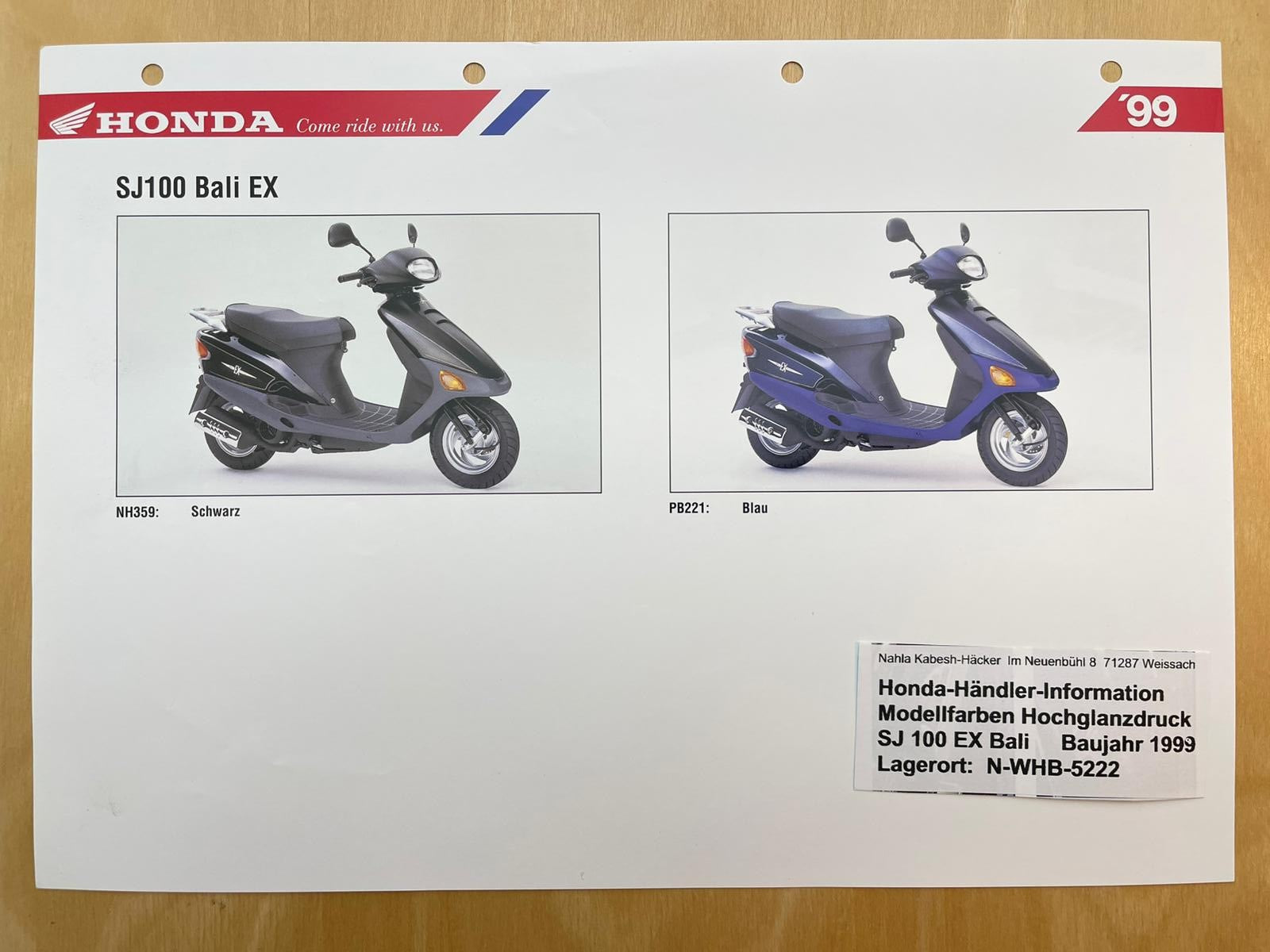 SJ100 SJ 100 EX Bali Baujahr 1999 - Honda Original Farbchart Prospekt