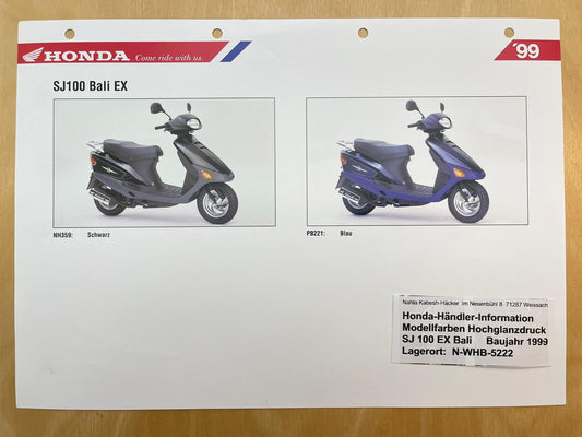 SJ100 SJ 100 EX Bali Baujahr 1999 - Honda Original Farbchart Prospekt