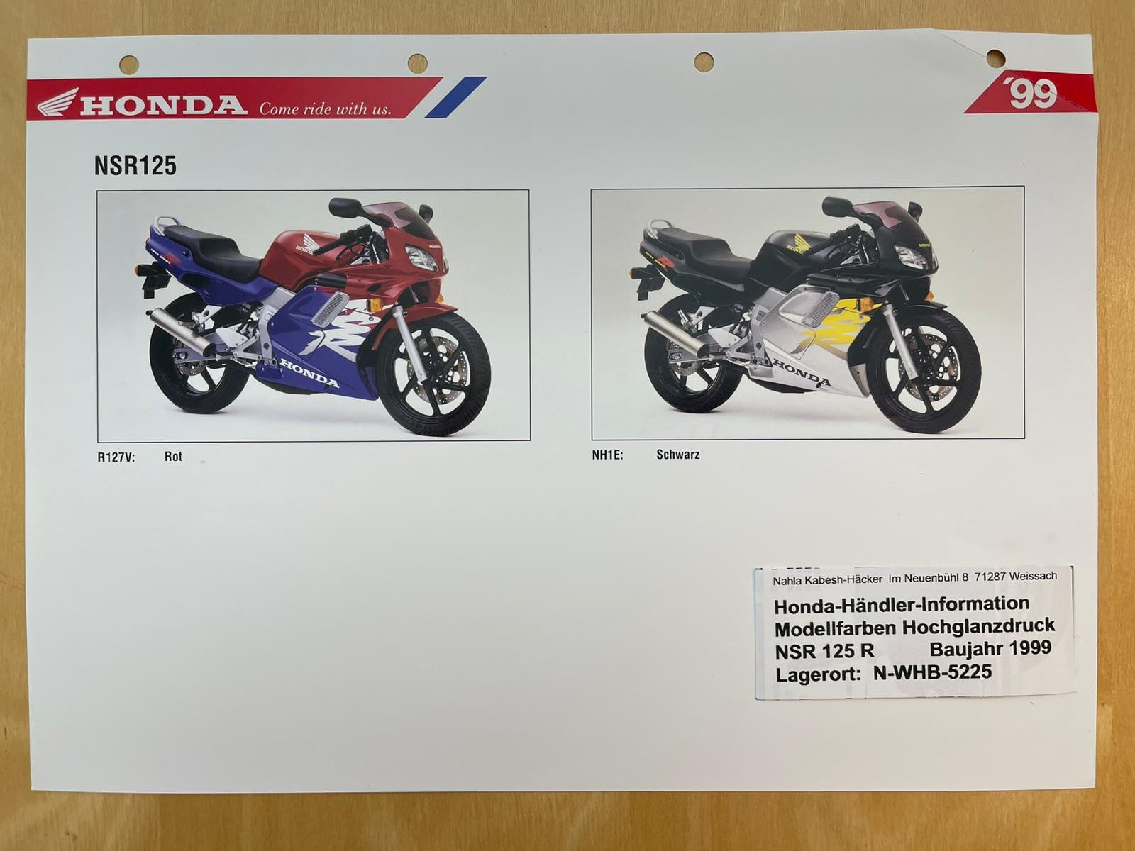 NSR125R NSR 125 R Baujahr 1999 - Honda Original Farbchart Prospekt