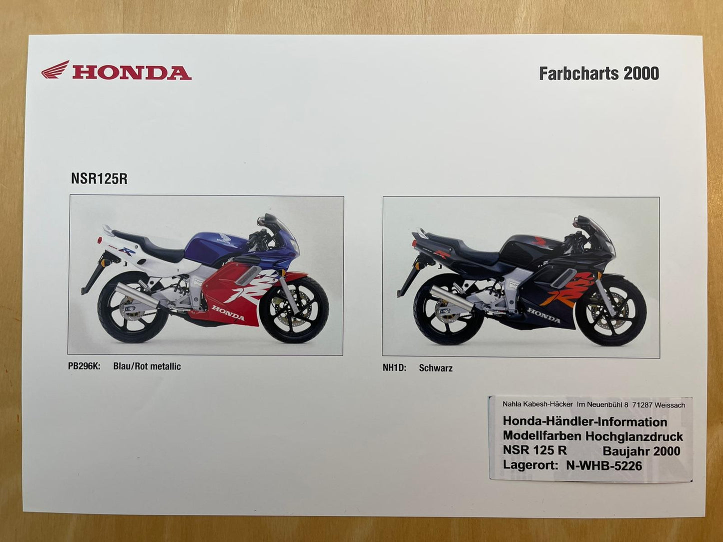 NSR125R NSR 125 R Baujahr 2000 - Honda Original Farbchart Prospekt