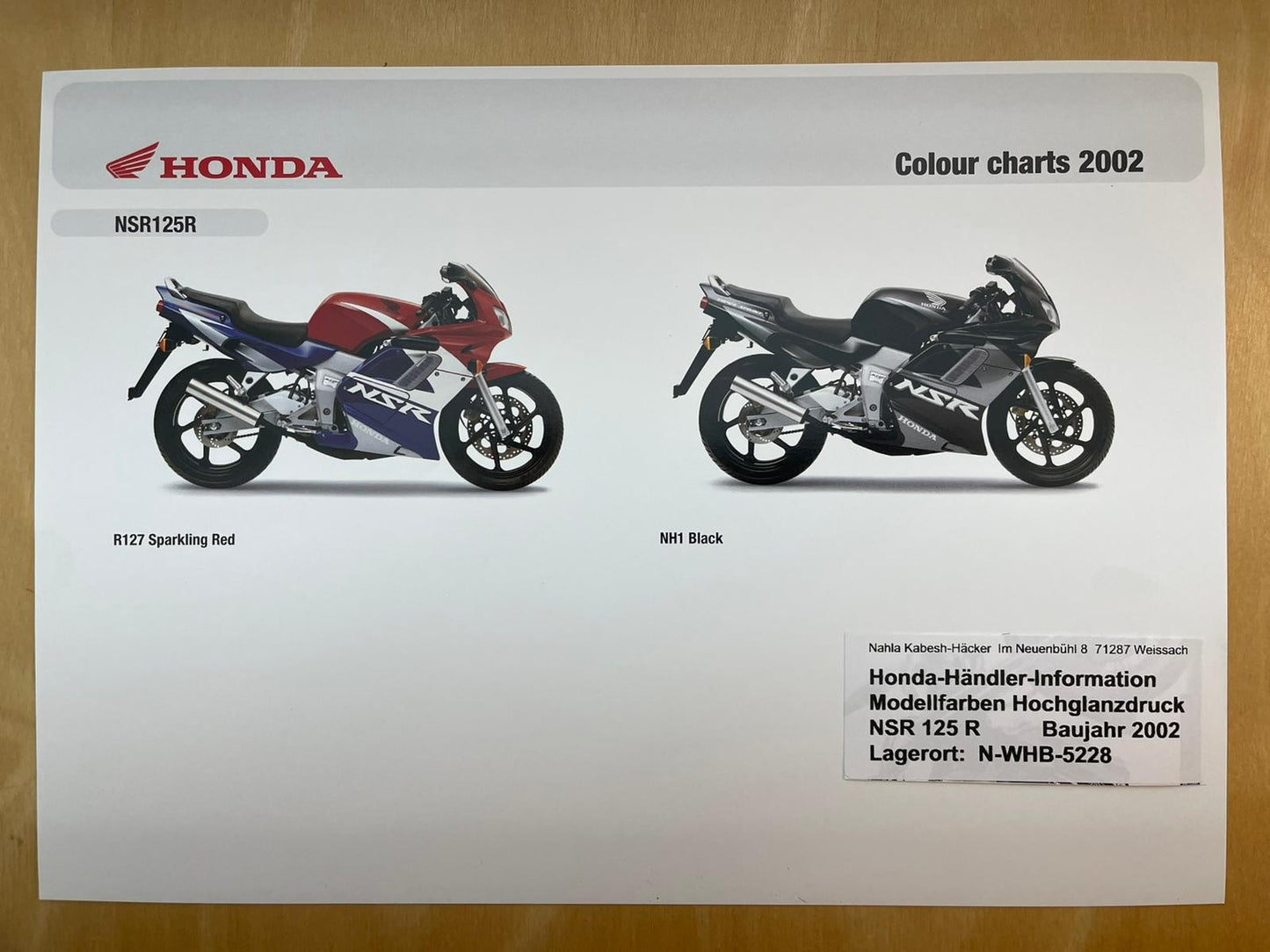 NSR125R NSR 125 R Baujahr 2002 - Honda Original Farbchart Prospekt