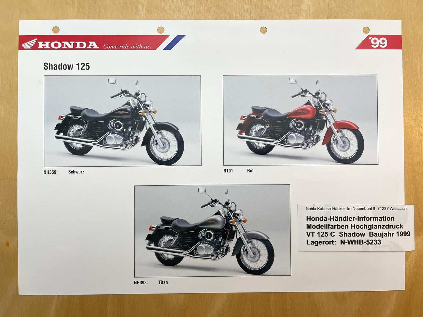 VT125C VT125 C + C2 Baujahr 1999 - Honda Original Farbchart Prospekt