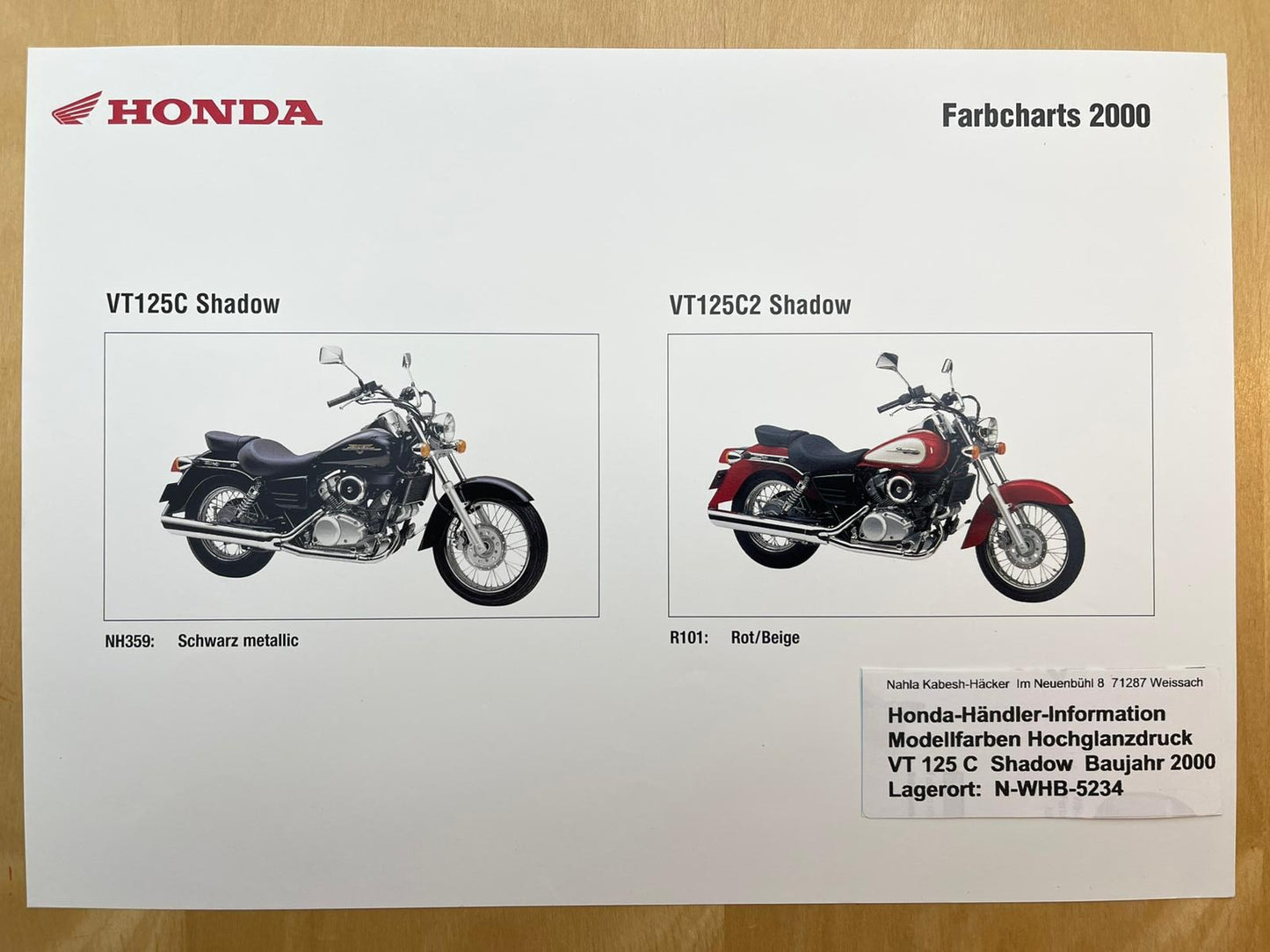VT125C VT125 C + C2 Baujahr 2000 - Honda Original Farbchart Prospekt