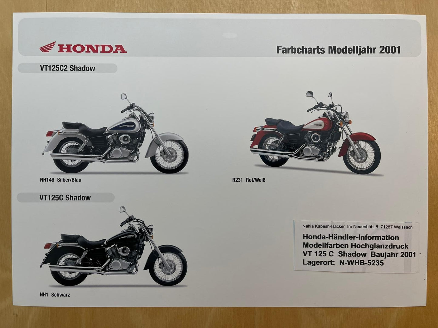 VT125C VT125 C + C2 Baujahr 2001 - Honda Original Farbchart Prospekt