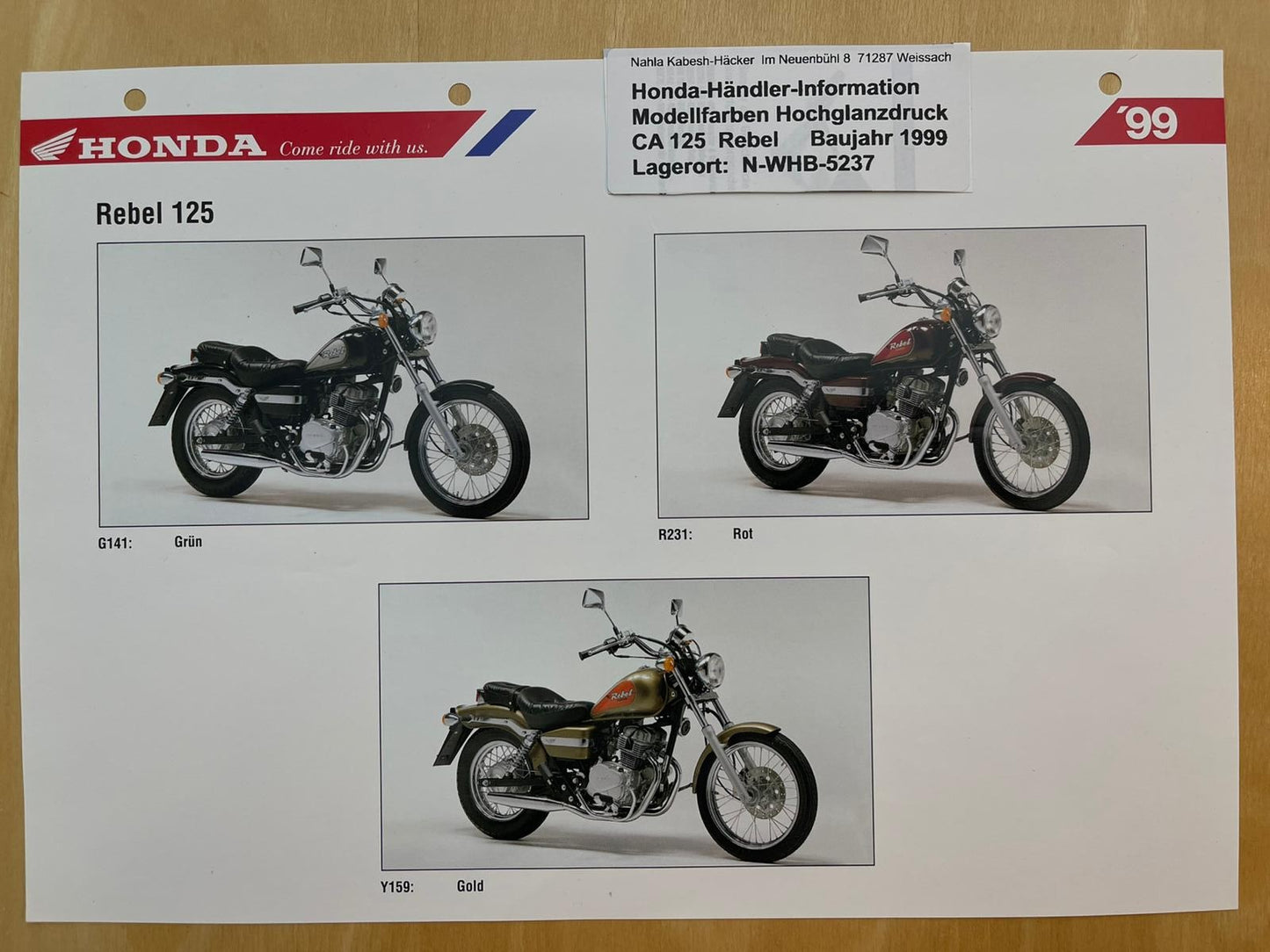 CA125 CA 125 Rebel Baujahr 1999 - Honda Original Farbchart Prospekt