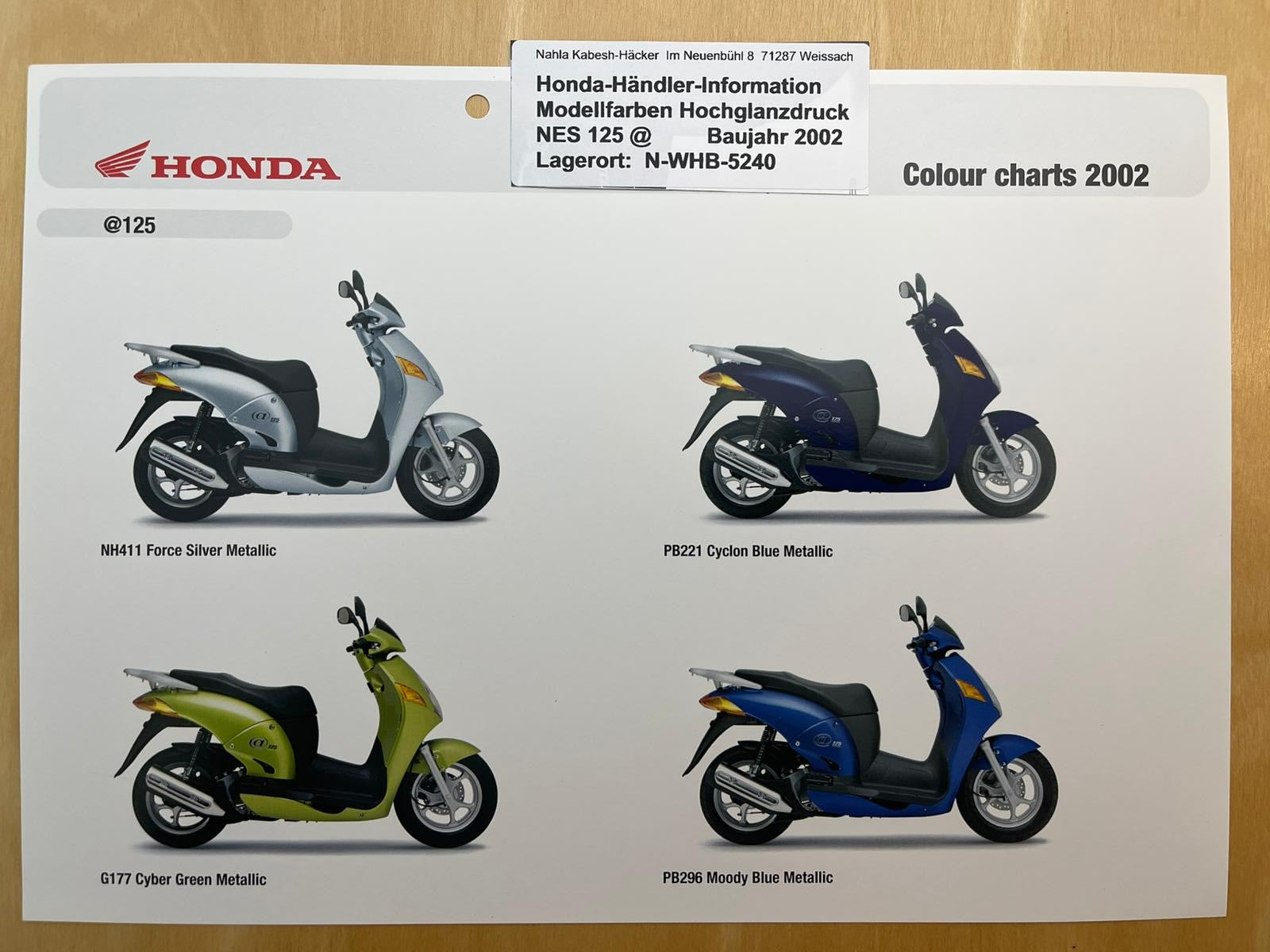 NES125@ NES 125 @ Baujahr 2002 - Honda Original Farbchart Prospekt