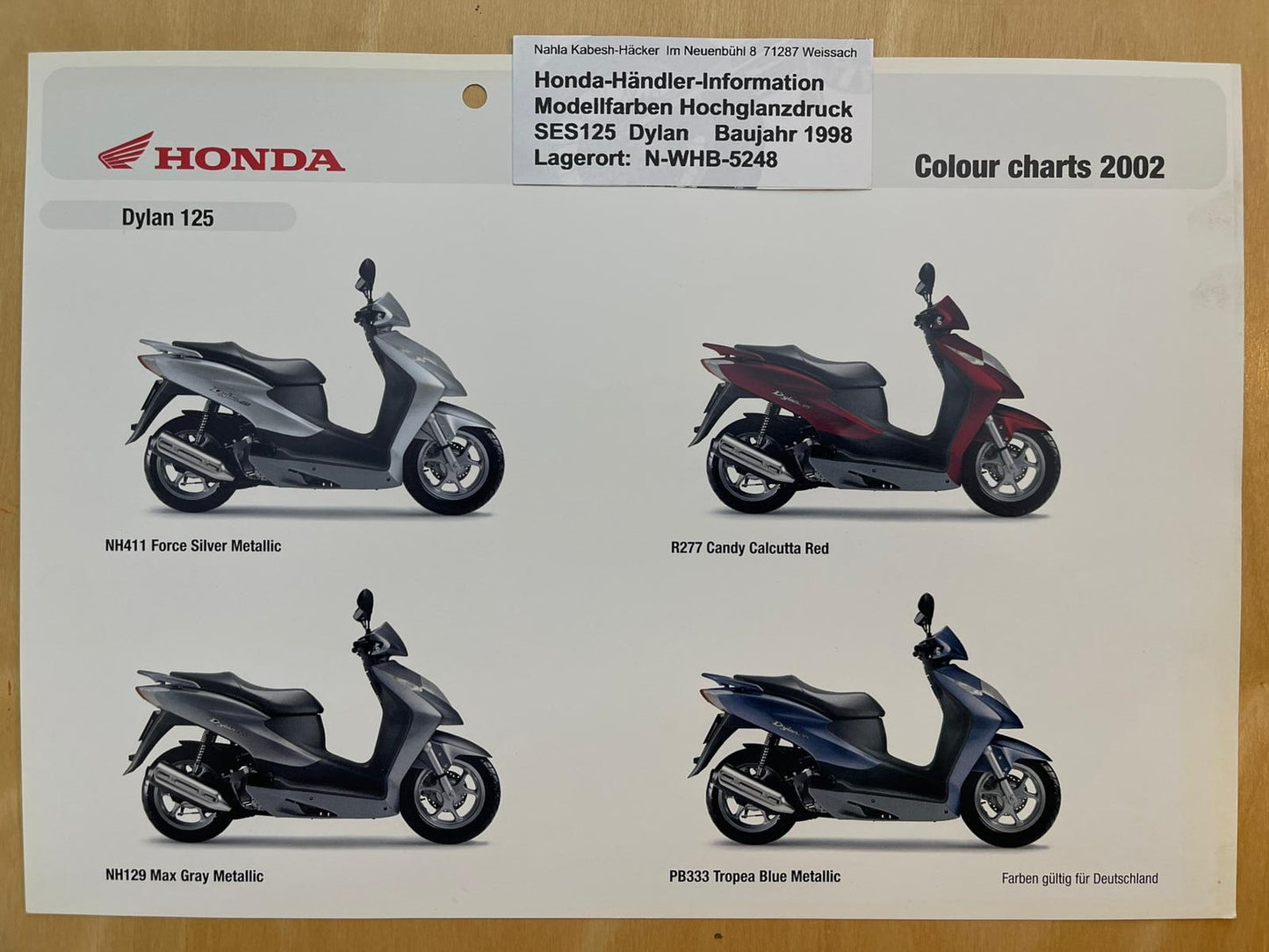 SES125 SES 125 Dylan Baujahr 2002 - Honda Original Farbchart Prospekt