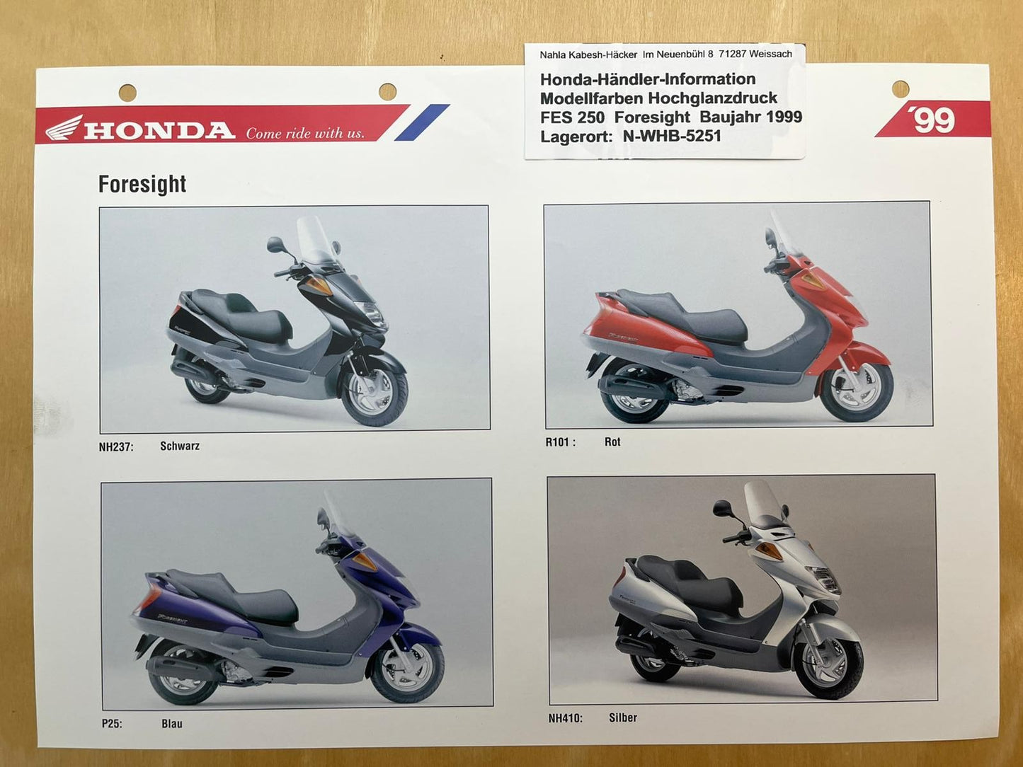 FES250 FES 250 Foresight Baujahr 1999 - Honda Original Farbchart Prospekt