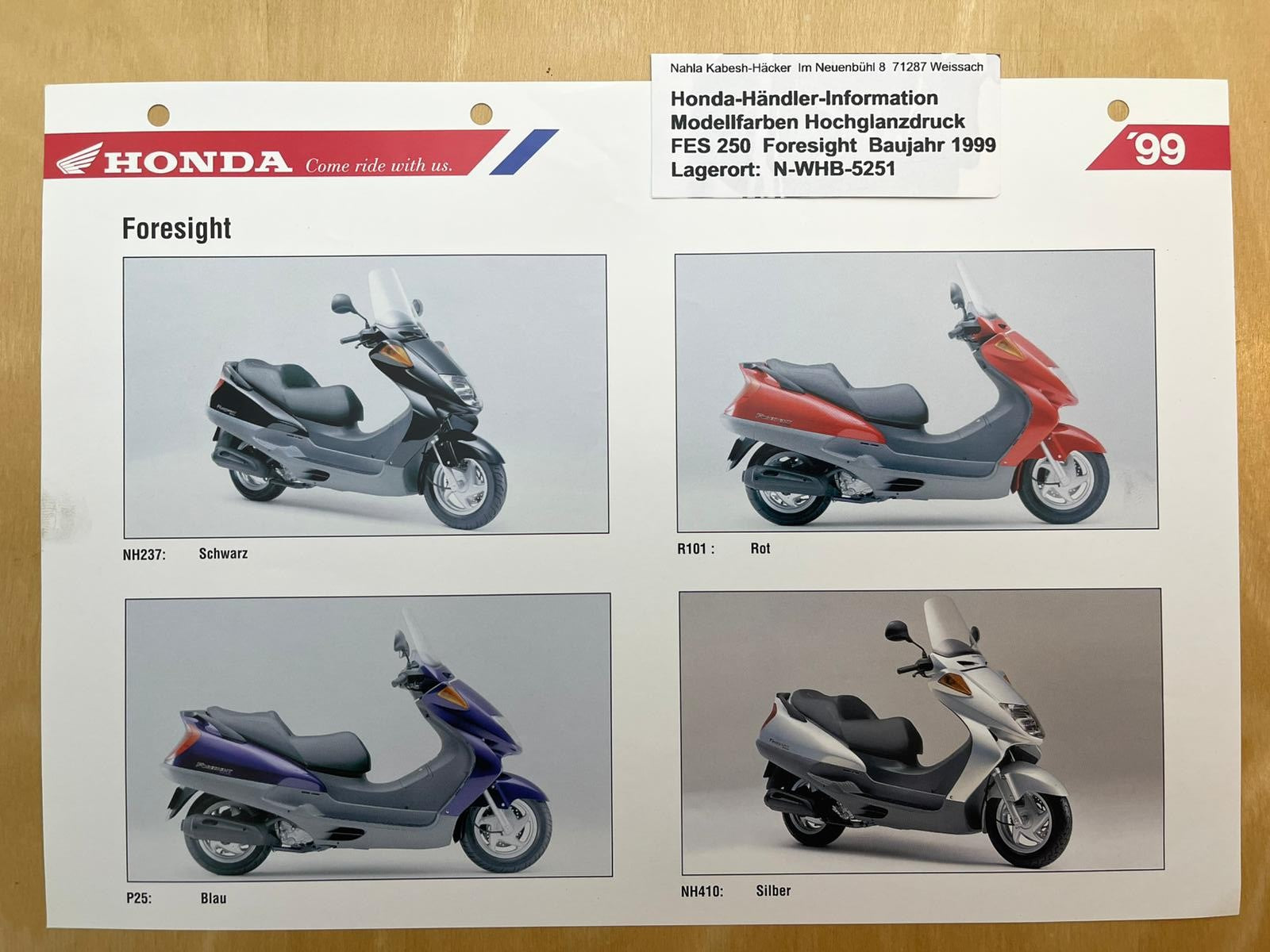 FES250 FES 250 Foresight Baujahr 1999 - Honda Original Farbchart Prospekt