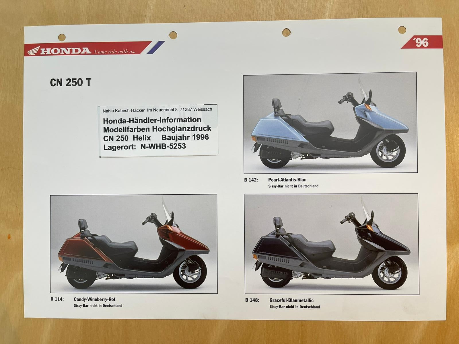 NX250 CN 250 Helix Baujahr 1996  - Honda Original Farbchart Prospekt