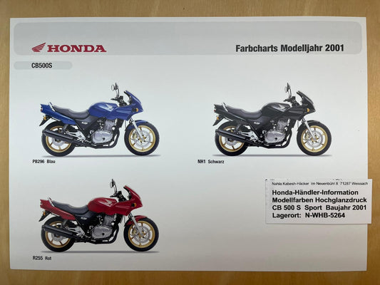 CB500S CB 500 S Sport Baujahr 2001 - Honda Original Farbchart Prospekt