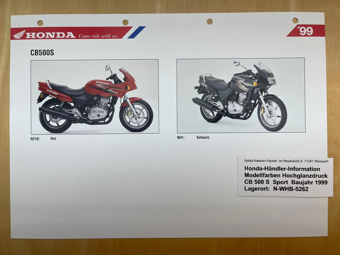 CB500S CB 500 S Sport Baujahr 1999 - Honda Original Farbchart Prospekt
