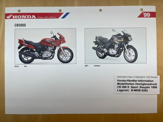 CB500S CB 500 S Sport Baujahr 1999 - Honda Original Farbchart Prospekt