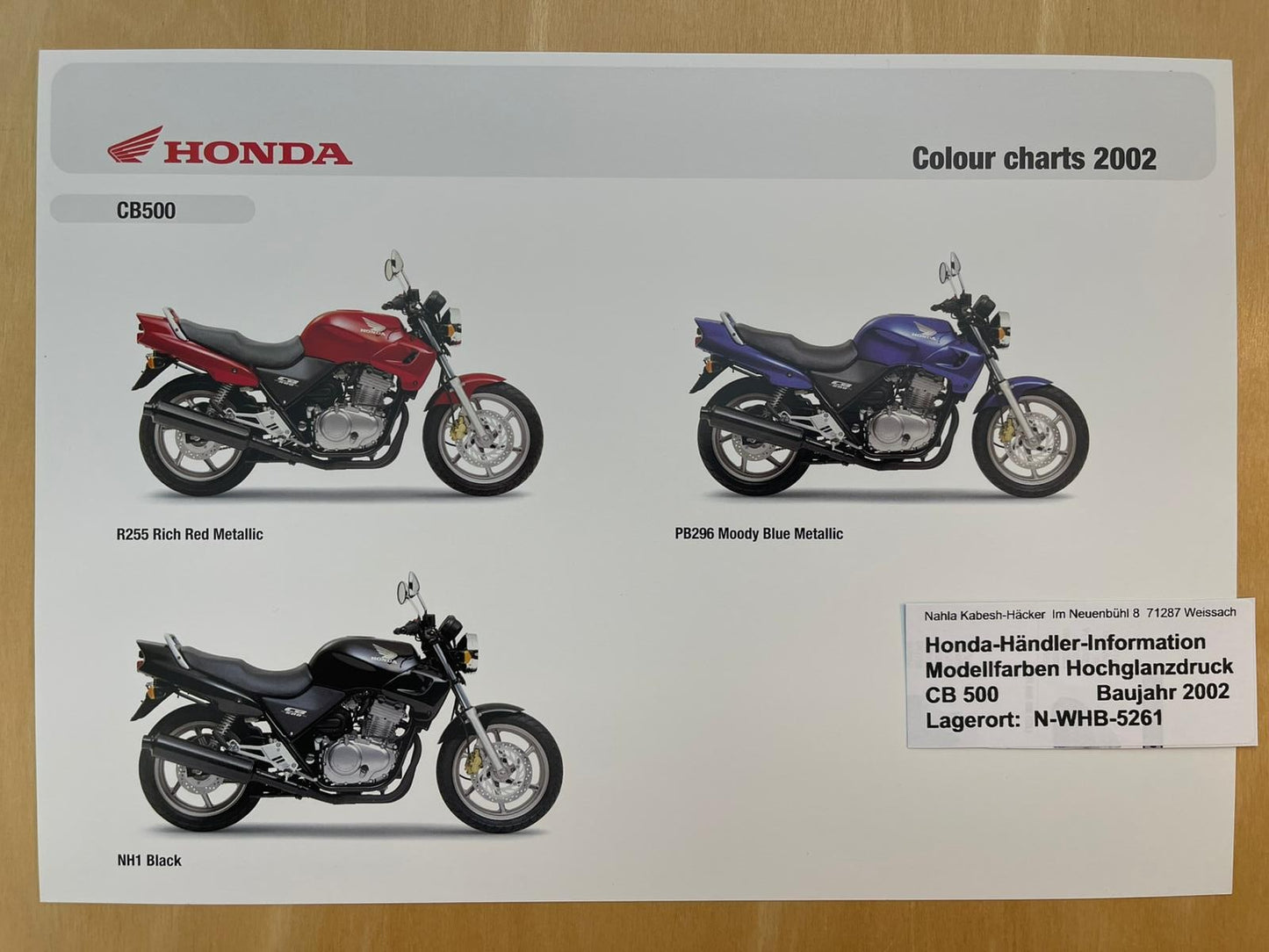 CB500 CB 500 Baujahr 2002 - Honda Original Farbchart Prospekt