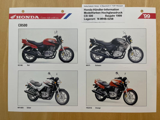 CB500 CB 500 Baujahr 1999 - Honda Original Farbchart Prospekt