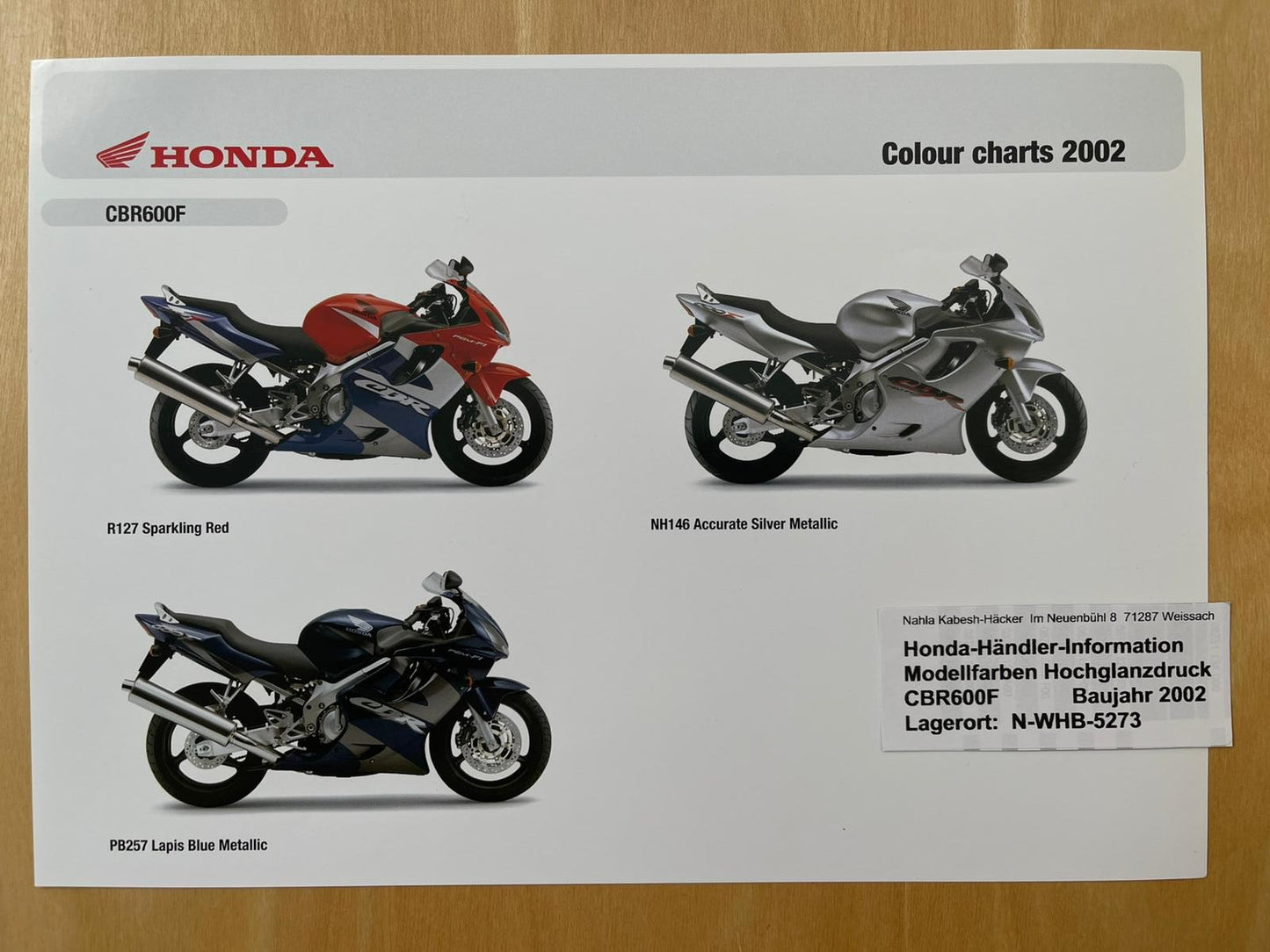 CBR600F CBR 600 F Baujahr 2002 - Honda Original Farbchart Prospekt