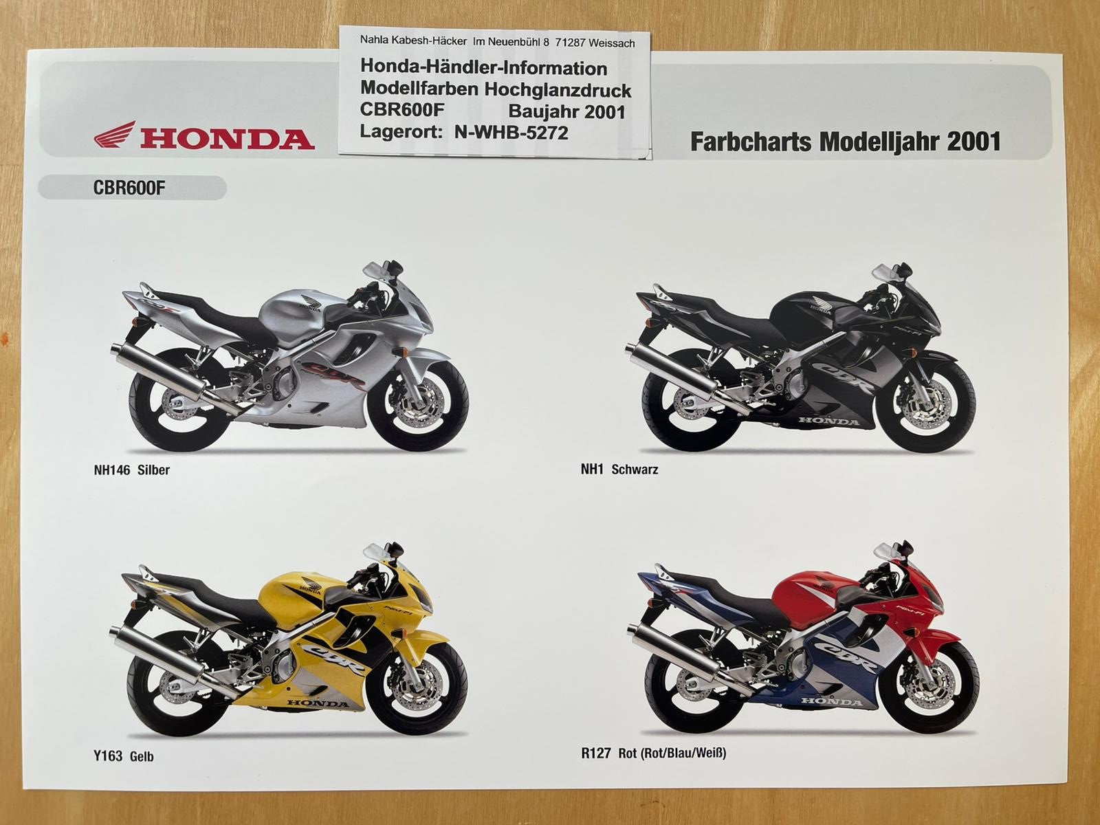 CBR600F CBR 600 F Baujahr 2001 - Honda Original Farbchart Prospekt