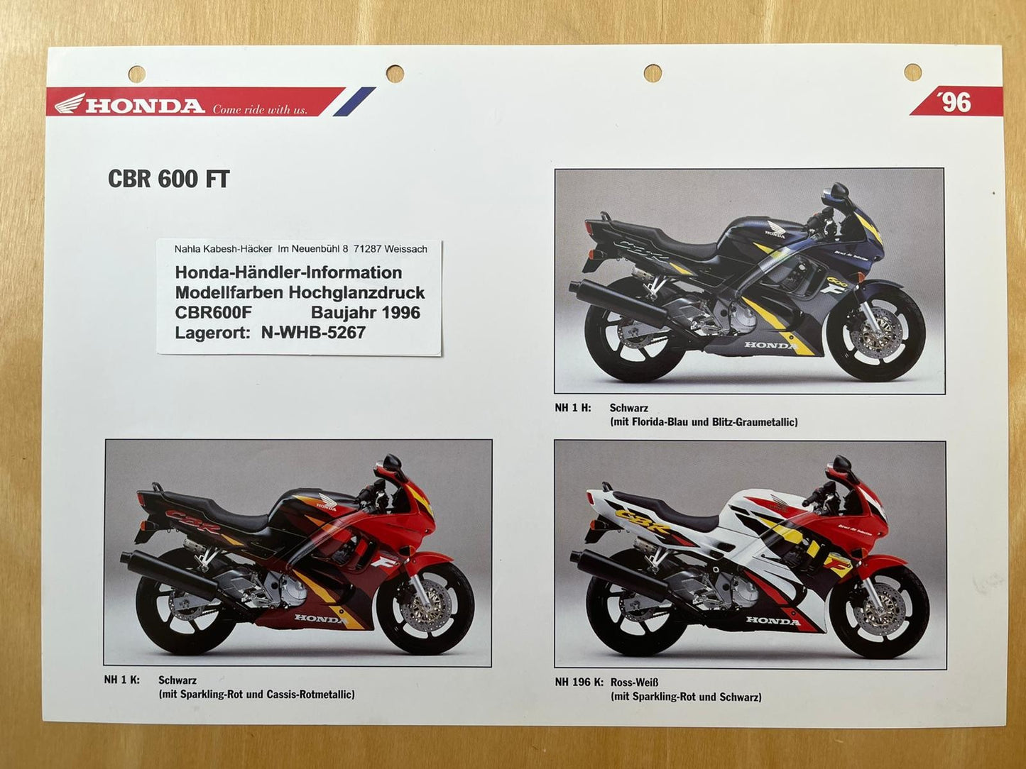 CBR600F CBR 600 F Baujahr 1996 - Honda Original Farbchart Prospekt