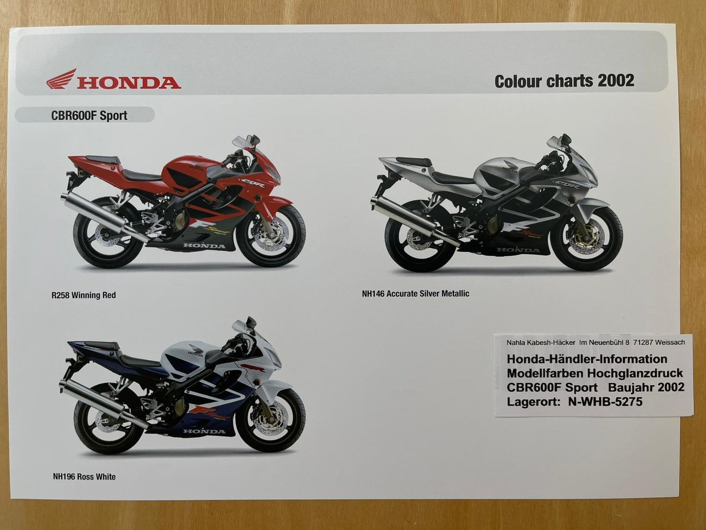 CBR600FS CBR 600 FS Sport Baujahr 2002 - Honda Original Farbchart Prospekt