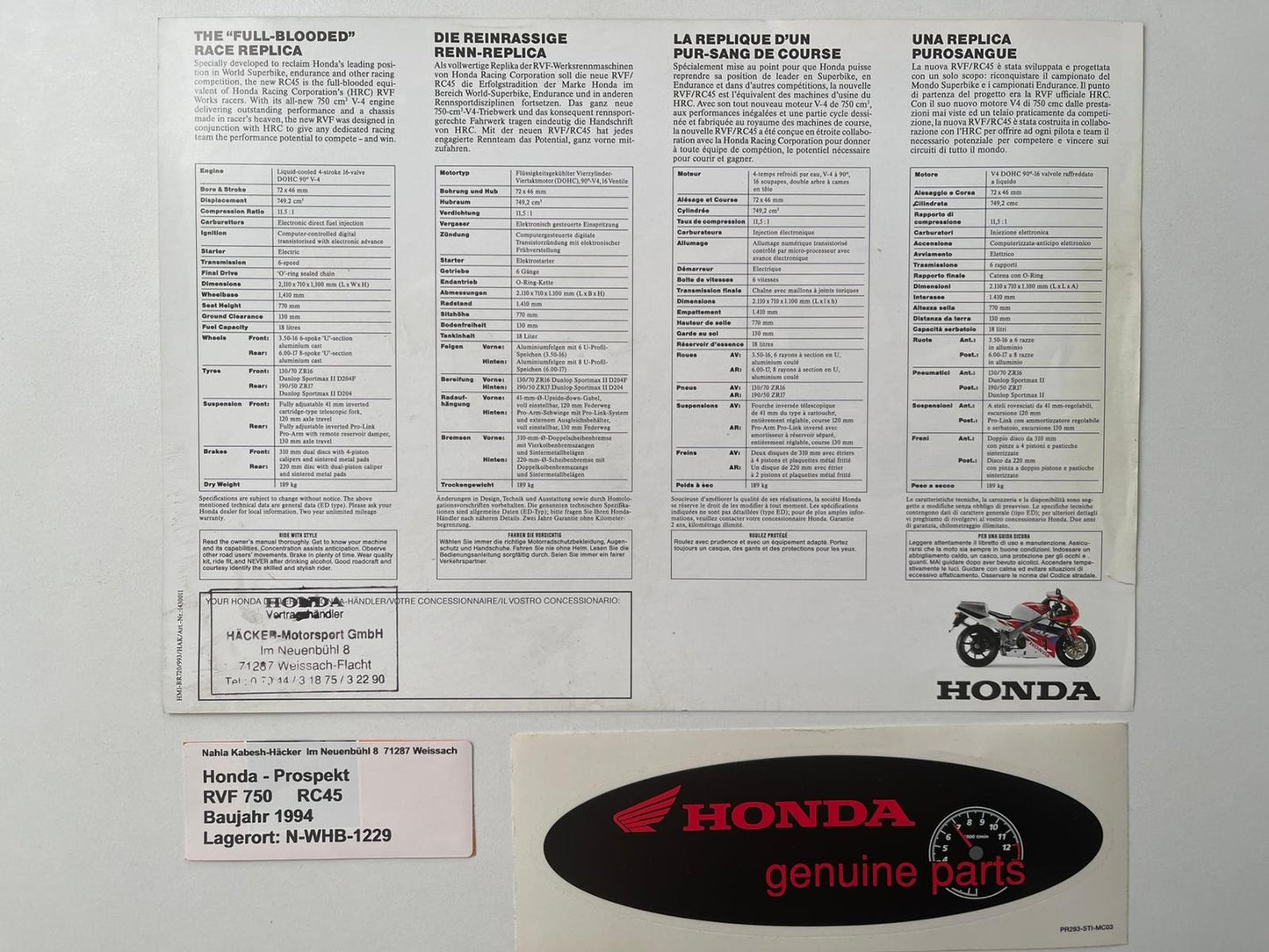Prospekt Honda RVF750 RC45 Bj. 1996 + Aufkleber selten