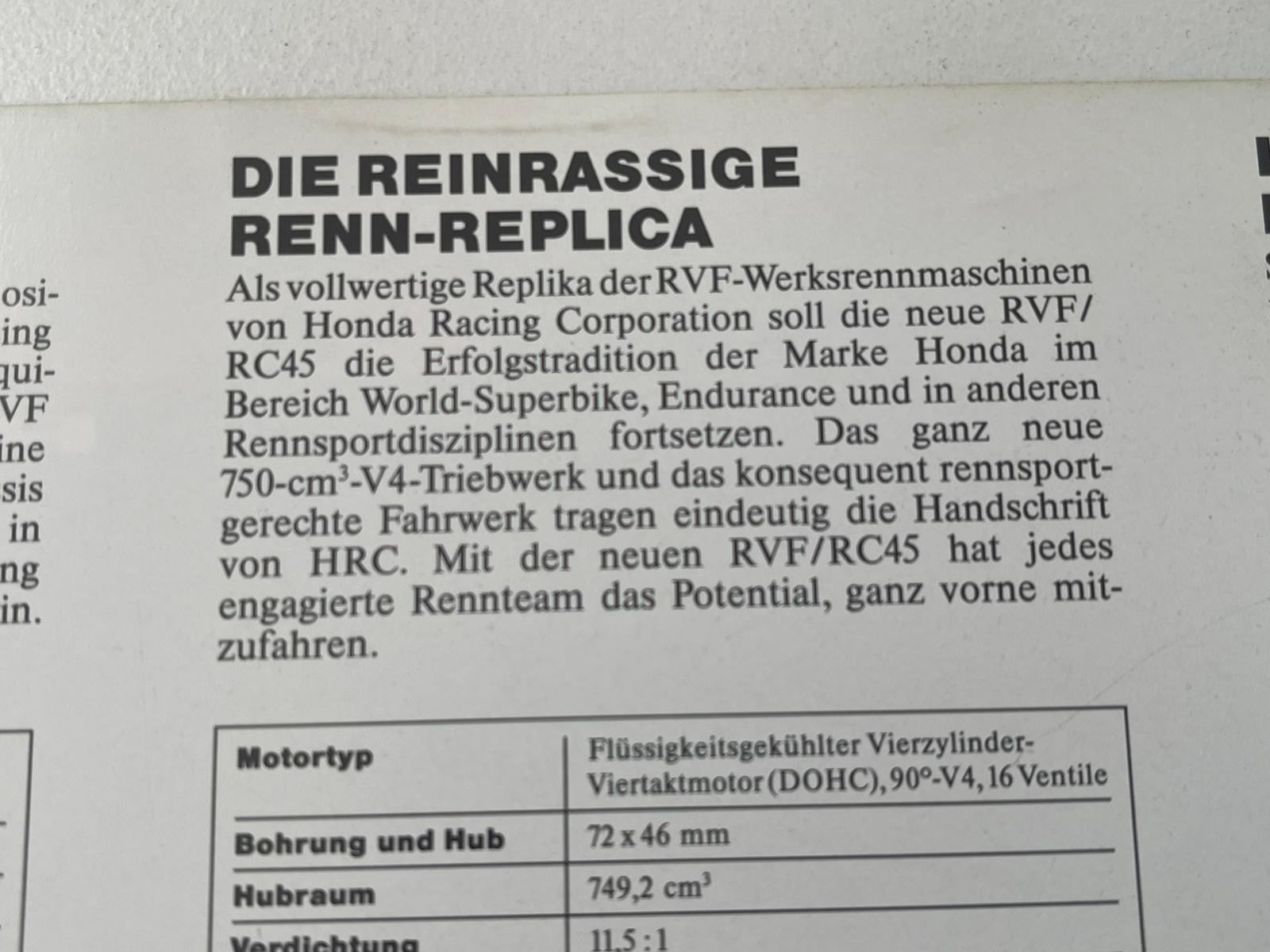 Prospekt Honda RVF750 RC45 Bj. 1996 + Aufkleber selten