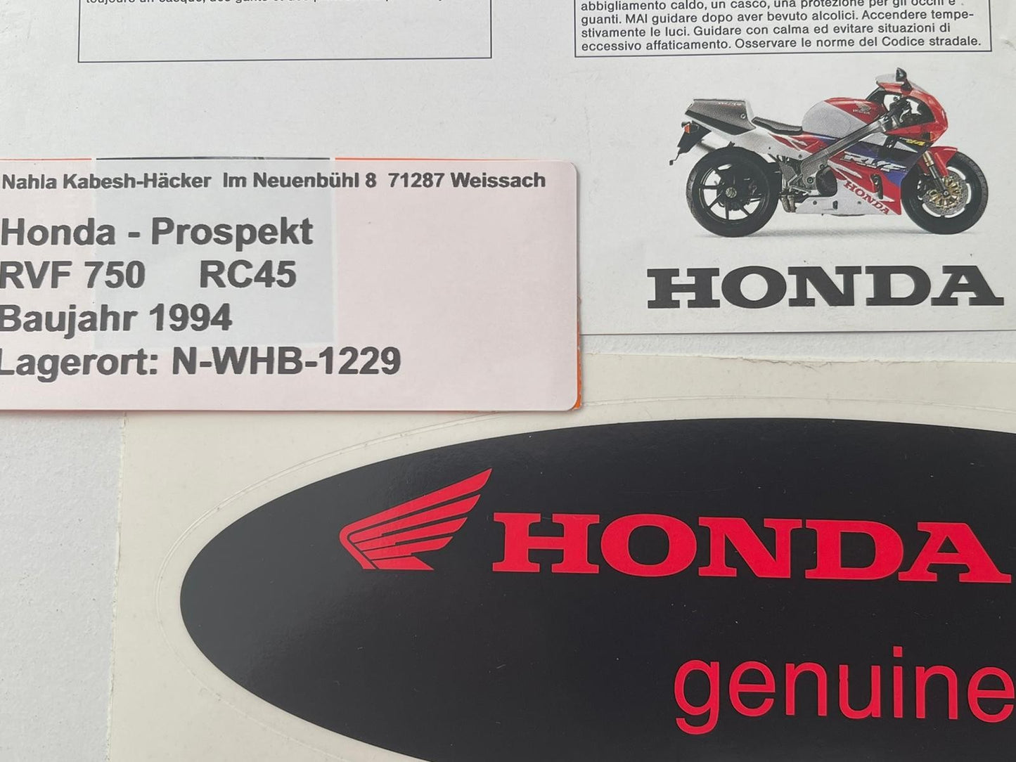 Prospekt Honda RVF750 RC45 Bj. 1996 + Aufkleber selten