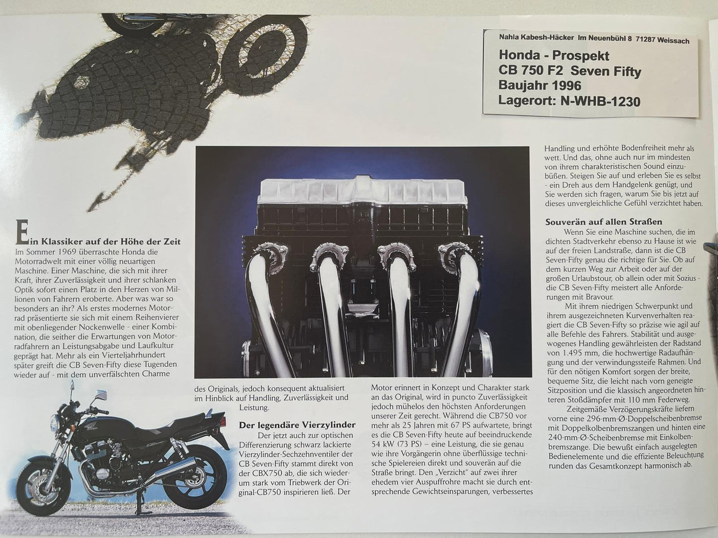 Prospekt Honda CB750F2 Seven Fifty Bj. 1996 + Aufkleber
