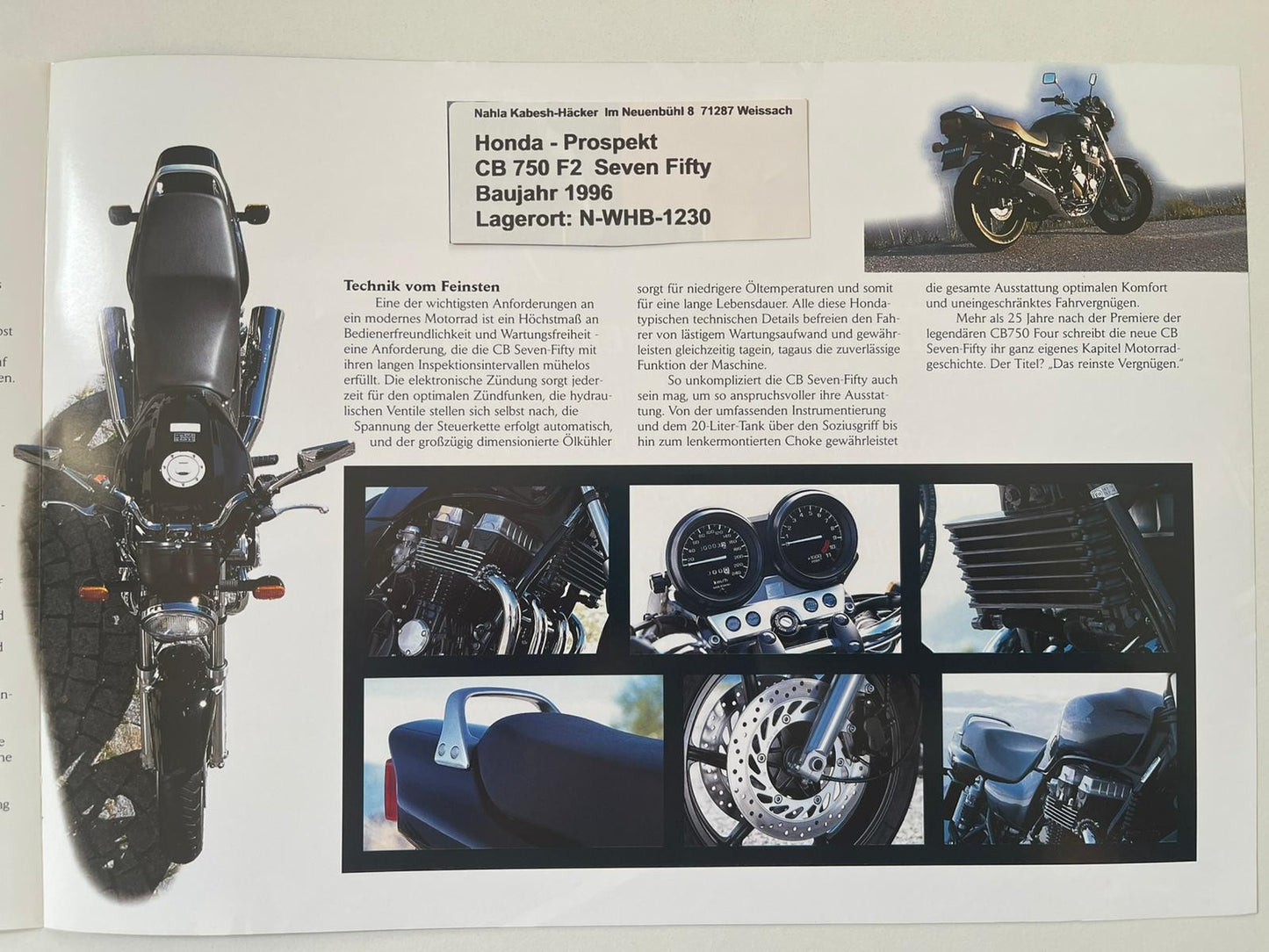 Prospekt Honda CB750F2 Seven Fifty Bj. 1996 + Aufkleber