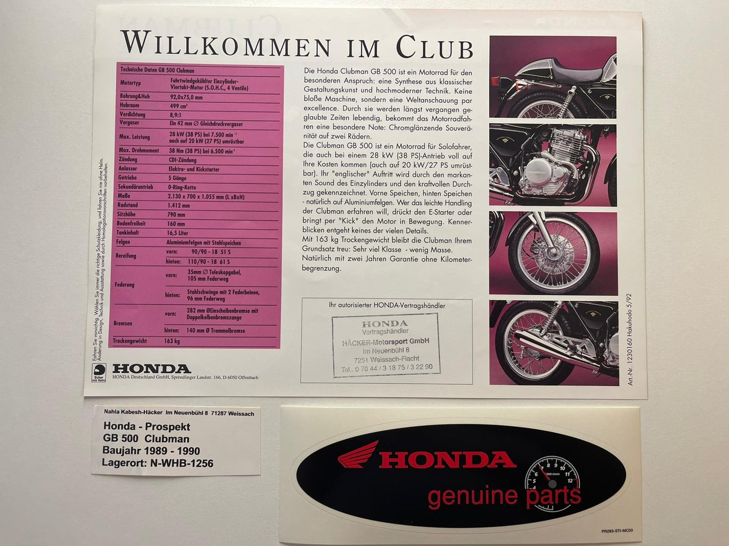 Prospekt Honda GB500 GB 500 Clubman Baujahr 1989 - 1990 + Aufkleber